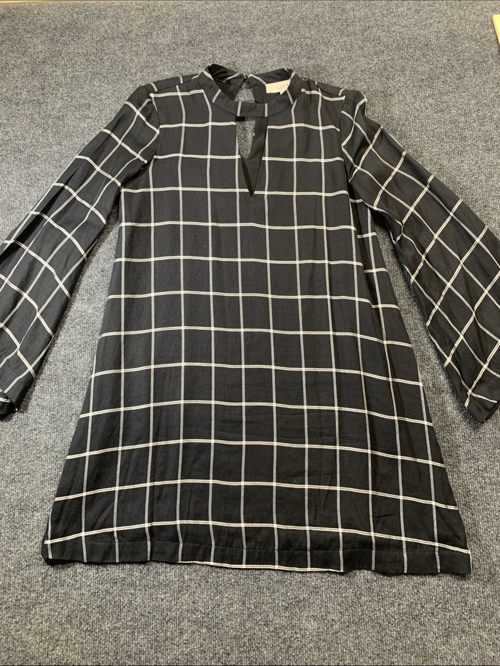 LOFT Black Dress with White Windowpane Long Sleeves